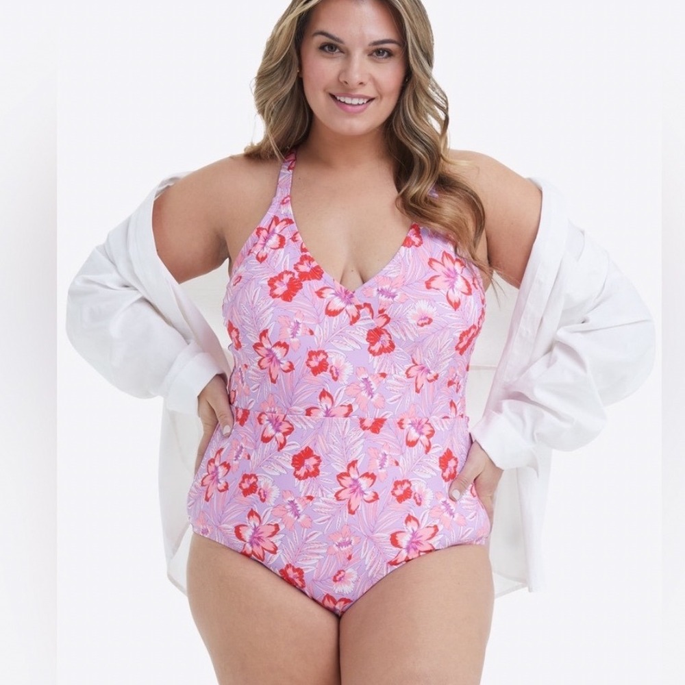 Draper James Womens 2X Purple Floral UPF 50+ One Piece Swimsuit 2X New With Tags